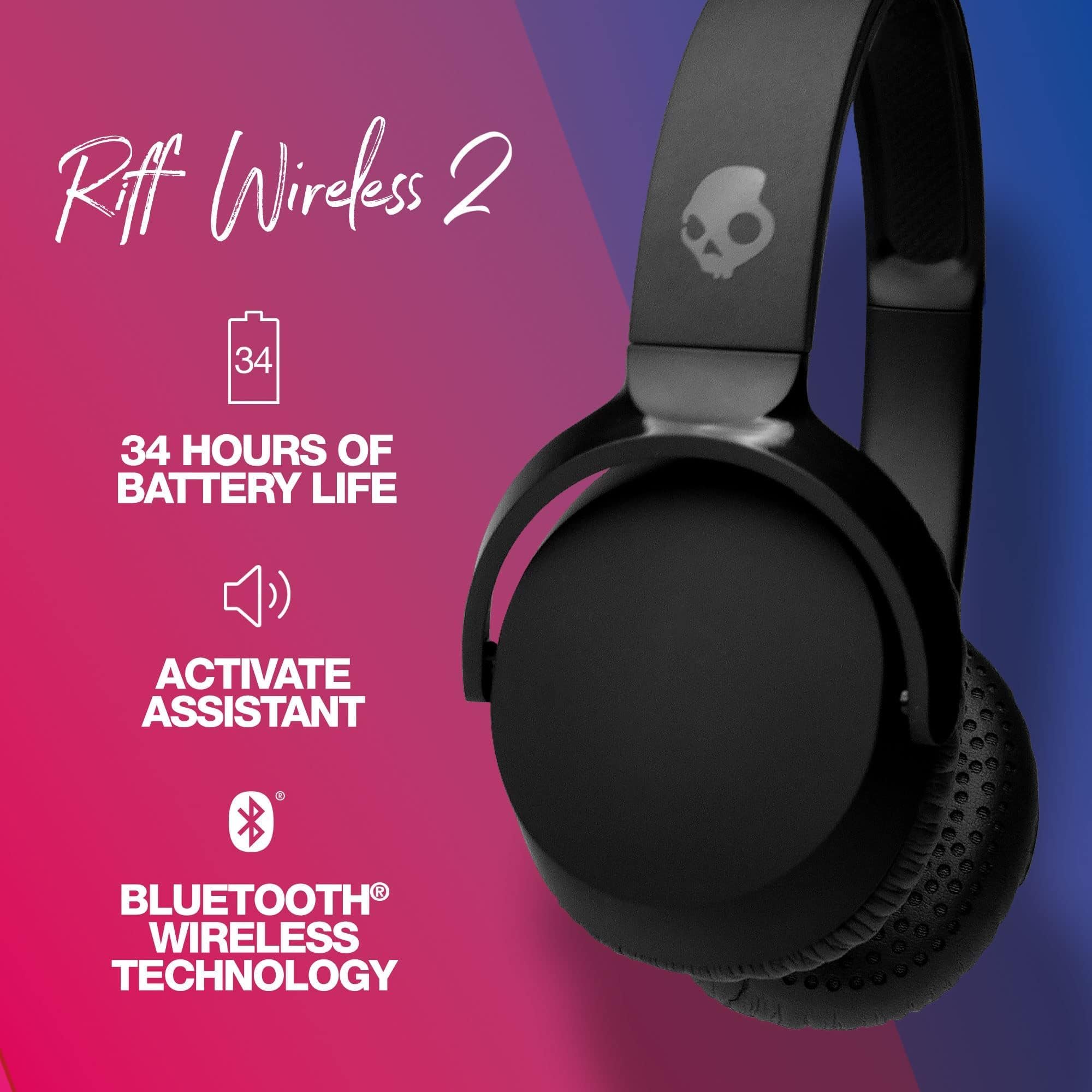 Skullcandy Riff 2 On-Ear Wireless Headphones, 34 Hr Battery, Microphone, Works with iPhone Android and Bluetooth Devices - Black